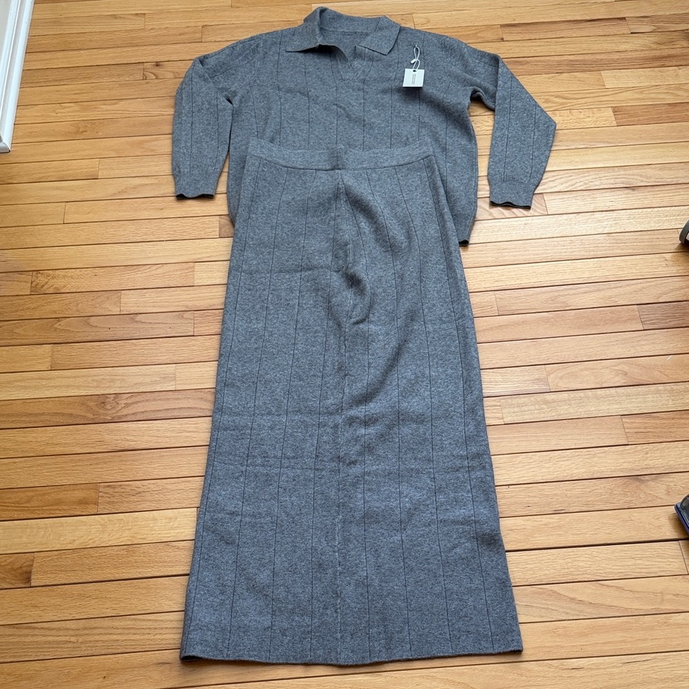 Women's Gray Cashmere Blend Knit Two-Piece Set - long skirt + collared sweater